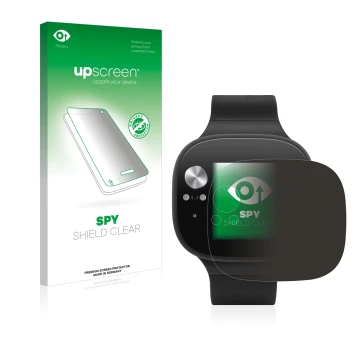 Parte frontal de un envase de producto con el logotipo de la marca upscreen. Al lado se muestra el dispositivo ASUS Vivowatch 