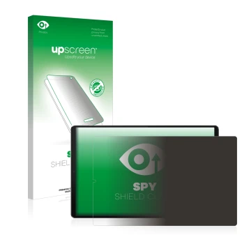 Parte frontal de un envase de producto con el logotipo de la marca upscreen. Al lado se muestra el dispositivo Lenovo Tab M10 