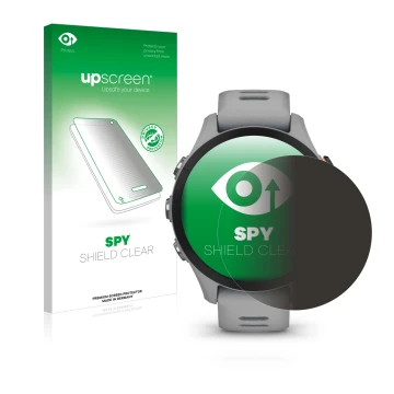 Parte frontal de un envase de producto con el logotipo de la marca upscreen. Al lado se muestra el dispositivo Garmin Forerunn