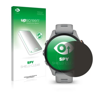 Parte frontal de un envase de producto con el logotipo de la marca upscreen. Al lado se muestra el dispositivo Garmin Forerunn