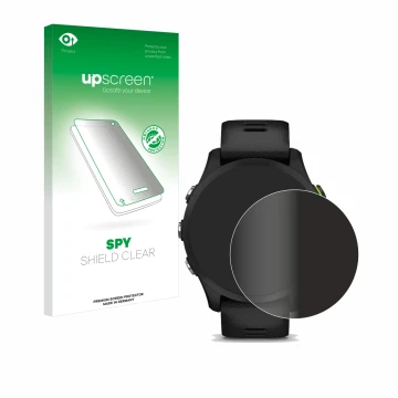 Parte frontal de un envase de producto con el logotipo de la marca upscreen. Al lado se muestra el dispositivo Garmin Forerunn