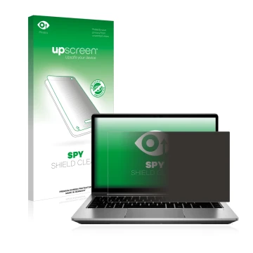 Parte frontal de un envase de producto con el logotipo de la marca upscreen. Al lado se muestra el dispositivo HP ProBook 640 