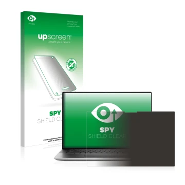 Parte frontal de un envase de producto con el logotipo de la marca upscreen. Al lado se muestra el dispositivo Dell XPS 15 951