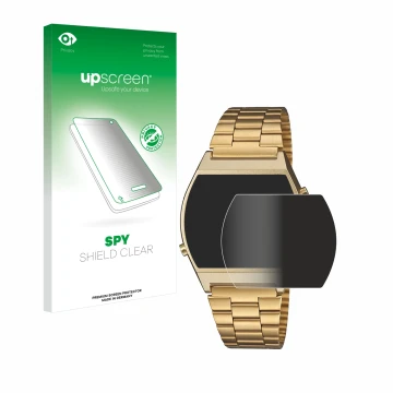 Parte frontal de un envase de producto con el logotipo de la marca upscreen. Al lado se muestra el dispositivo Casio Retro B64