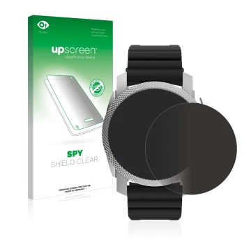 Parte frontal de un envase de producto con el logotipo de la marca upscreen. Al lado se muestra el dispositivo Fossil Gen 6 Hy