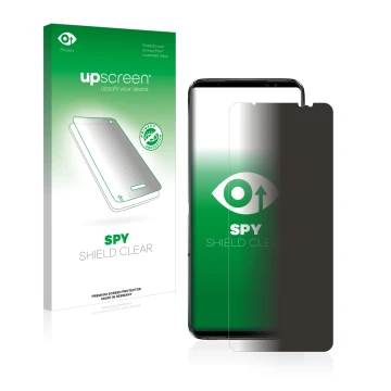 Parte frontal de un envase de producto con el logotipo de la marca upscreen. Al lado se muestra el dispositivo ASUS ROG Phone 