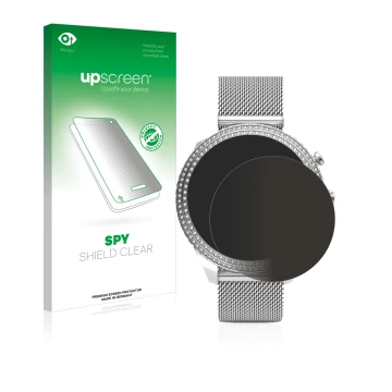Parte frontal de un envase de producto con el logotipo de la marca upscreen. Al lado se muestra el dispositivo Fossil Stella (