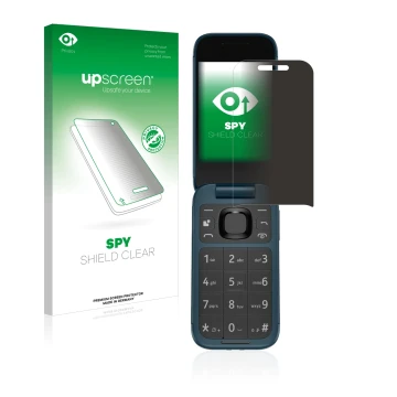 Parte frontal de un envase de producto con el logotipo de la marca upscreen. Al lado se muestra el dispositivo Nokia 2660 Flip