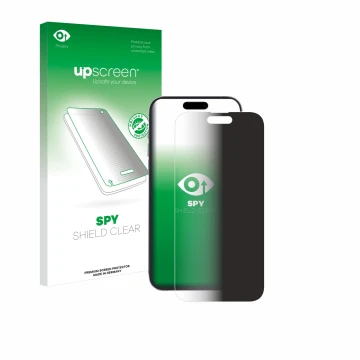 Parte frontal de un envase de producto con el logotipo de la marca upscreen. Al lado se muestra el dispositivo Apple iPhone 14