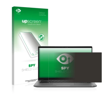 Parte frontal de un envase de producto con el logotipo de la marca upscreen. Al lado se muestra el dispositivo Dell Latitude 1