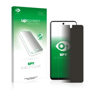 Parte frontal de un envase de producto con el logotipo de la marca upscreen. Al lado se muestra el dispositivo Motorola Moto G