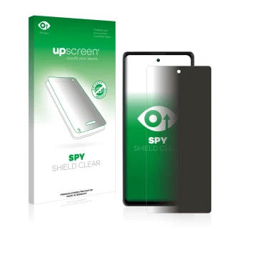 Parte frontal de un envase de producto con el logotipo de la marca upscreen. Al lado se muestra el dispositivo Blackview A100 