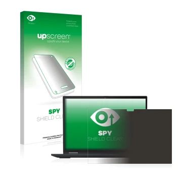Parte frontal de un envase de producto con el logotipo de la marca upscreen. Al lado se muestra el dispositivo Lenovo ThinkPad