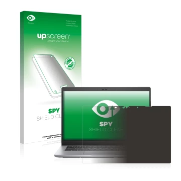 Parte frontal de un envase de producto con el logotipo de la marca upscreen. Al lado se muestra el dispositivo Dell Latitude 5