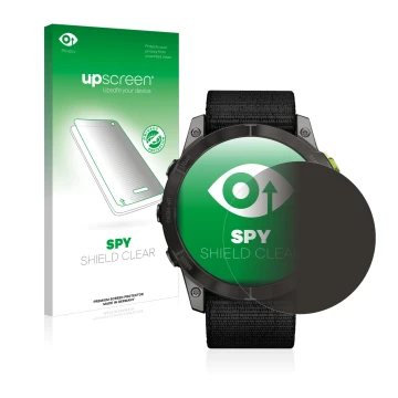 Parte frontal de un envase de producto con el logotipo de la marca upscreen. Al lado se muestra el dispositivo Garmin Enduro 2