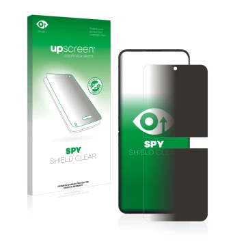 Parte frontal de un envase de producto con el logotipo de la marca upscreen. Al lado se muestra el dispositivo Samsung Galaxy 
