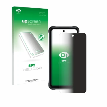 Parte frontal de un envase de producto con el logotipo de la marca upscreen. Al lado se muestra el dispositivo Umidigi Bison 2