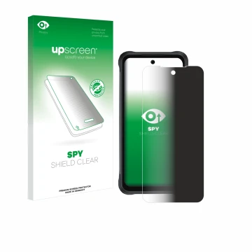 Parte frontal de un envase de producto con el logotipo de la marca upscreen. Al lado se muestra el dispositivo Umidigi Bison 2