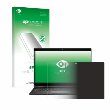 Parte frontal de un envase de producto con el logotipo de la marca upscreen. Al lado se muestra el dispositivo Dell Latitude 7