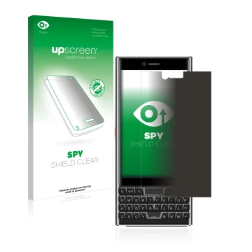 Parte frontal de un envase de producto con el logotipo de la marca upscreen. Al lado se muestra el dispositivo Unihertz Titan 