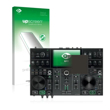 Parte frontal de un envase de producto con el logotipo de la marca upscreen. Al lado se muestra el dispositivo Denon DJ Prime 