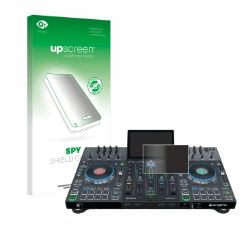 Parte frontal de un envase de producto con el logotipo de la marca upscreen. Al lado se muestra el dispositivo Denon DJ Prime 