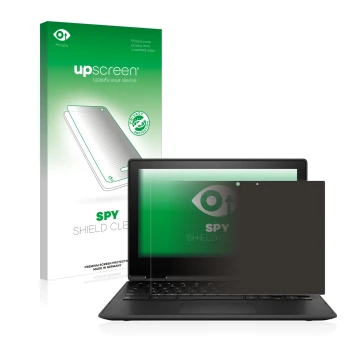 Parte frontal de un envase de producto con el logotipo de la marca upscreen. Al lado se muestra el dispositivo HP Chromebook x