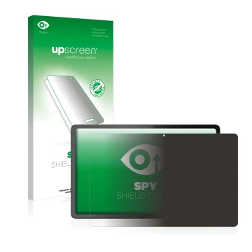Parte frontal de un envase de producto con el logotipo de la marca upscreen. Al lado se muestra el dispositivo Lenovo Tab P11 