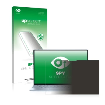 Parte frontal de un envase de producto con el logotipo de la marca upscreen. Al lado se muestra el dispositivo Dell XPS 13 931