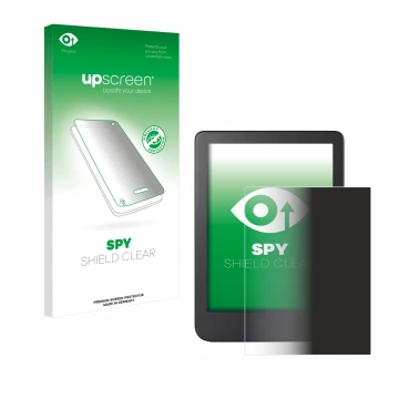 Parte frontal de un envase de producto con el logotipo de la marca upscreen. Al lado se muestra el dispositivo Kobo Clara 2E c