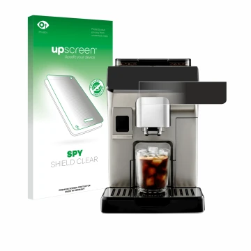 Parte frontal de un envase de producto con el logotipo de la marca upscreen. Al lado se muestra el dispositivo DeLonghi Eletta