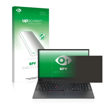 Parte frontal de un envase de producto con el logotipo de la marca upscreen. Al lado se muestra el dispositivo Lenovo ThinkPad