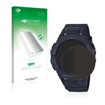 Parte frontal de un envase de producto con el logotipo de la marca upscreen. Al lado se muestra el dispositivo Casio G-Shock G