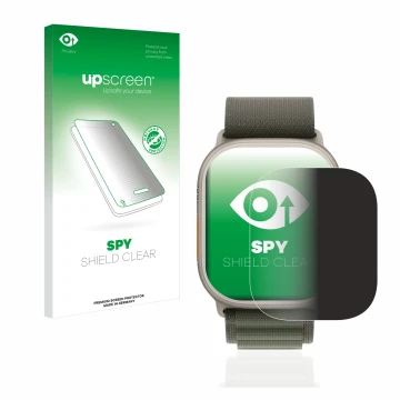 Parte frontal de un envase de producto con el logotipo de la marca upscreen. Al lado se muestra el dispositivo Apple Watch Ult