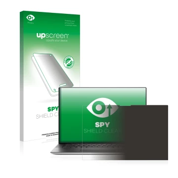 Parte frontal de un envase de producto con el logotipo de la marca upscreen. Al lado se muestra el dispositivo Dell XPS 15 952