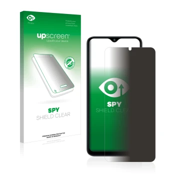 Parte frontal de un envase de producto con el logotipo de la marca upscreen. Al lado se muestra el dispositivo Xiaomi Poco M5 