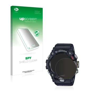 Parte frontal de un envase de producto con el logotipo de la marca upscreen. Al lado se muestra el dispositivo Casio G-Shock M