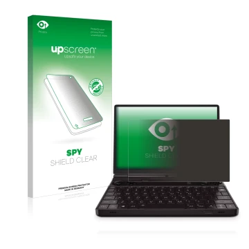 Parte frontal de un envase de producto con el logotipo de la marca upscreen. Al lado se muestra el dispositivo GPD Win Max 2 c