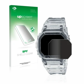 Parte frontal de un envase de producto con el logotipo de la marca upscreen. Al lado se muestra el dispositivo Casio G-Shock D