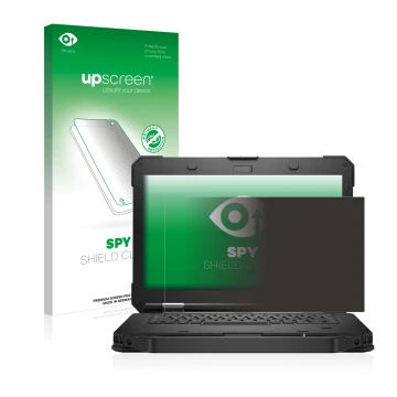 Parte frontal de un envase de producto con el logotipo de la marca upscreen. Al lado se muestra el dispositivo Dell Latitude 5