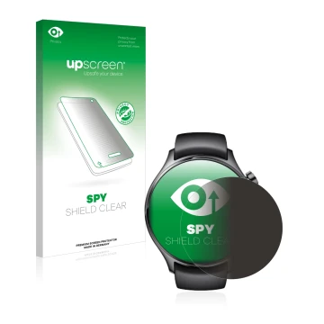 Parte frontal de un envase de producto con el logotipo de la marca upscreen. Al lado se muestra el dispositivo Xiaomi Watch S1