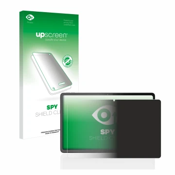 Parte frontal de un envase de producto con el logotipo de la marca upscreen. Al lado se muestra el dispositivo Lenovo Tab P11 