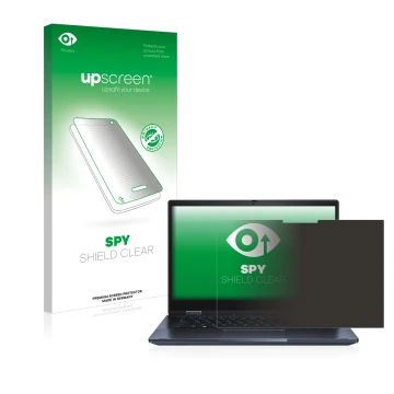 Parte frontal de un envase de producto con el logotipo de la marca upscreen. Al lado se muestra el dispositivo ASUS ExpertBook