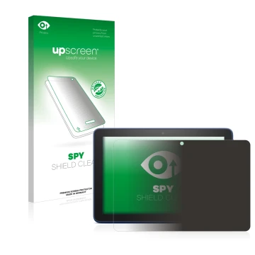 Parte frontal de un envase de producto con el logotipo de la marca upscreen. Al lado se muestra el dispositivo Amazon Fire HD 