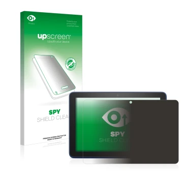 Parte frontal de un envase de producto con el logotipo de la marca upscreen. Al lado se muestra el dispositivo Amazon Fire HD 