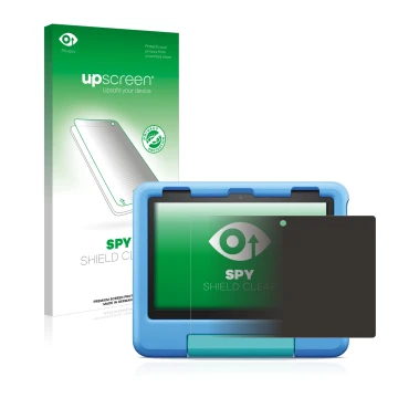 Parte frontal de un envase de producto con el logotipo de la marca upscreen. Al lado se muestra el dispositivo Amazon Fire HD 
