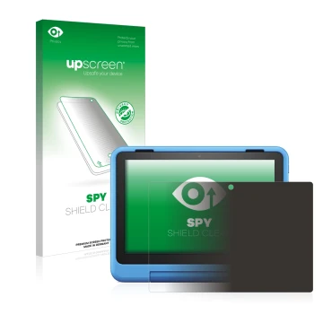 Parte frontal de un envase de producto con el logotipo de la marca upscreen. Al lado se muestra el dispositivo Amazon Fire HD 