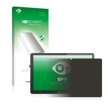 Parte frontal de un envase de producto con el logotipo de la marca upscreen. Al lado se muestra el dispositivo Lenovo IdeaPad 