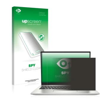 Parte frontal de un envase de producto con el logotipo de la marca upscreen. Al lado se muestra el dispositivo MSI Prestige 16