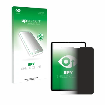 Parte frontal de un envase de producto con el logotipo de la marca upscreen. Al lado se muestra el dispositivo Apple iPad Pro 